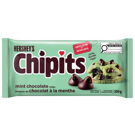 Hershey's Chipits mint chocolate chips packaging on a white background