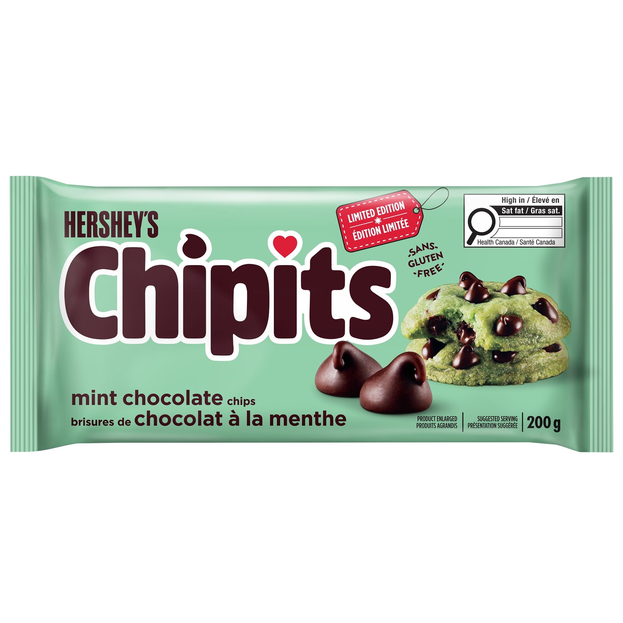 Hershey's Chipits mint chocolate chips 200g packaging on a white background