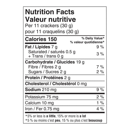 Nutrition facts label for Dare Breton Simple Goodness Sea Salt & Olive Oil Crackers, Vegetarian Snack, 180g/6.3 oz on a white background