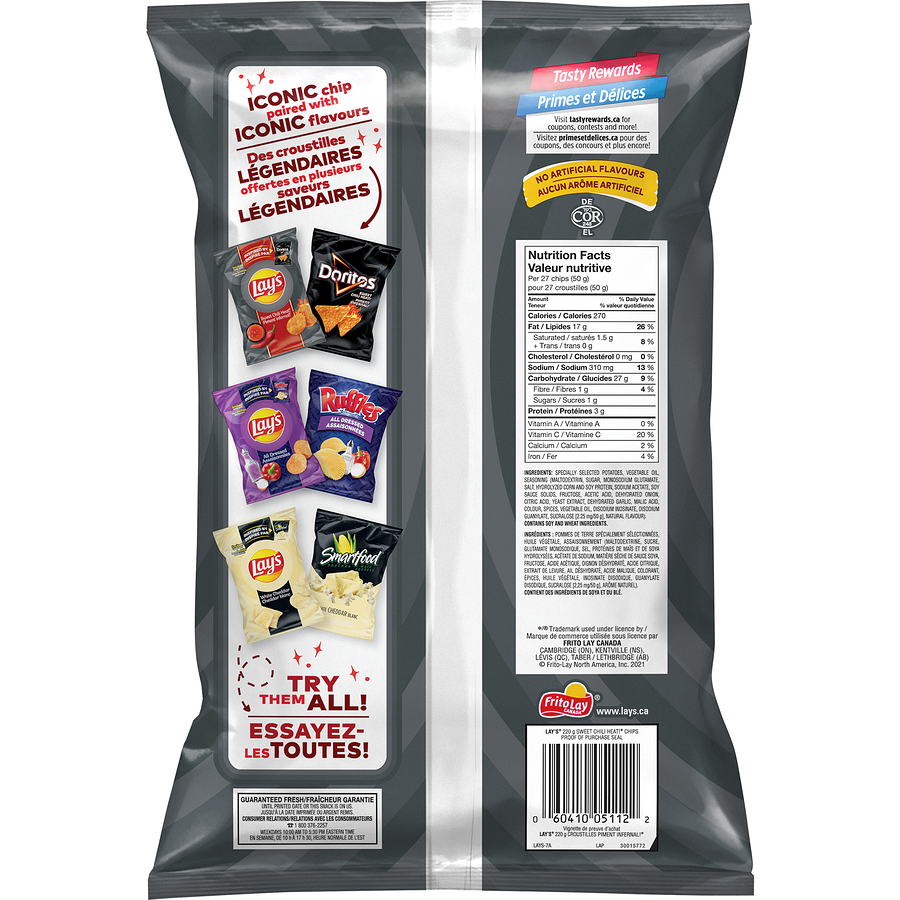 Lay's Sweet Chili Heat Potato Chips, Limited Time, 220g/7.8 oz., Bag, {Imported from Canada}