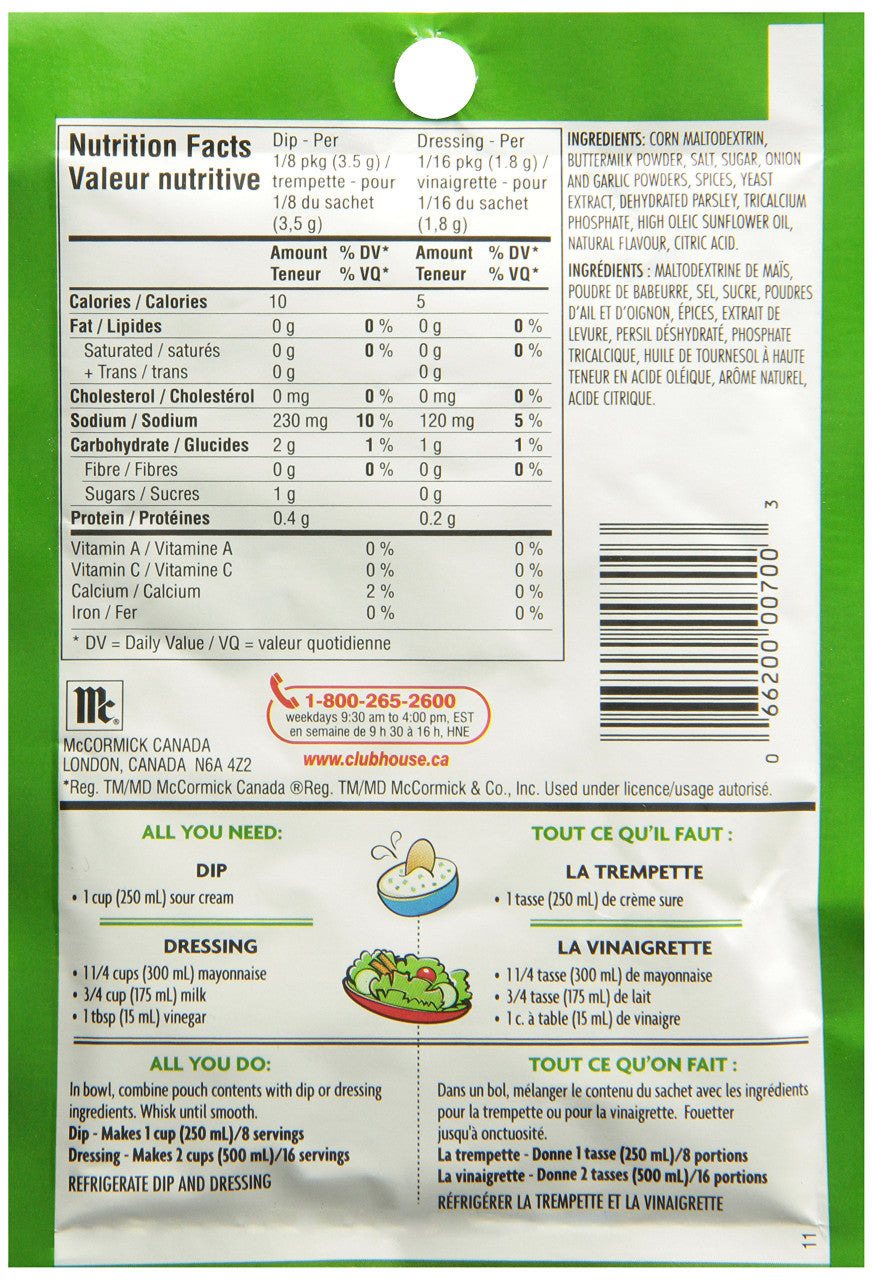 Club House, Dry Sauce/Seasoning/Marinade Mix, Salad N Dip, Country Herb, 28g/1 oz., {Imported from Canada}