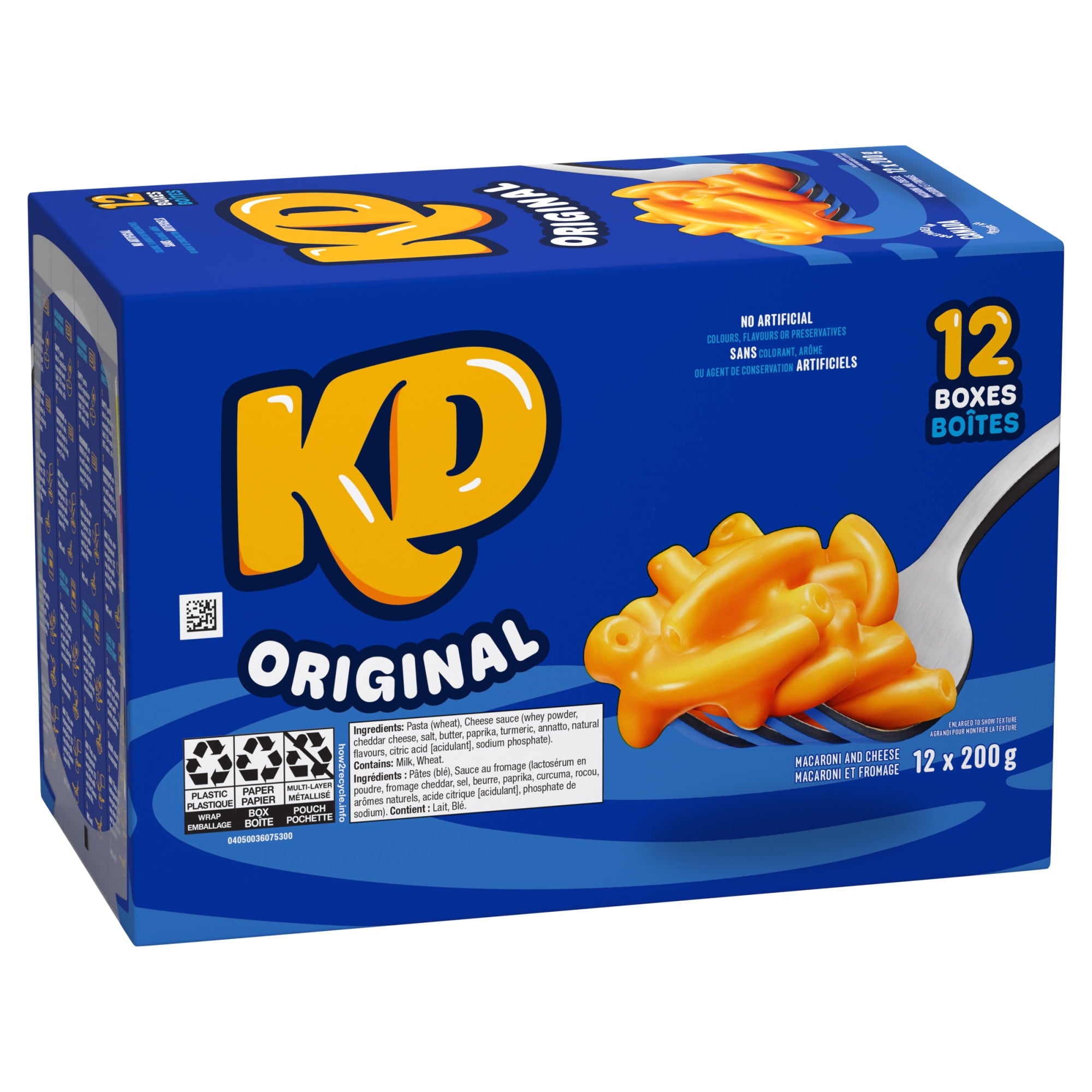 Box of KD Original macaroni and cheese with a forkful of pasta on a white background
