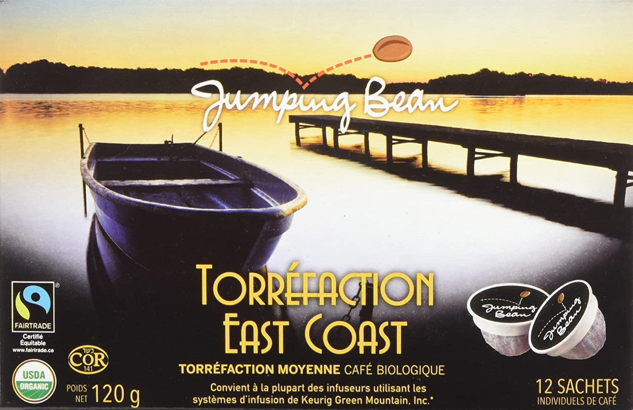 Jumping Bean East Coast Medium Roast Ground Organic Coffee Keurig Pods, 120g/4.2 oz., 12ct {Imported from Canada}