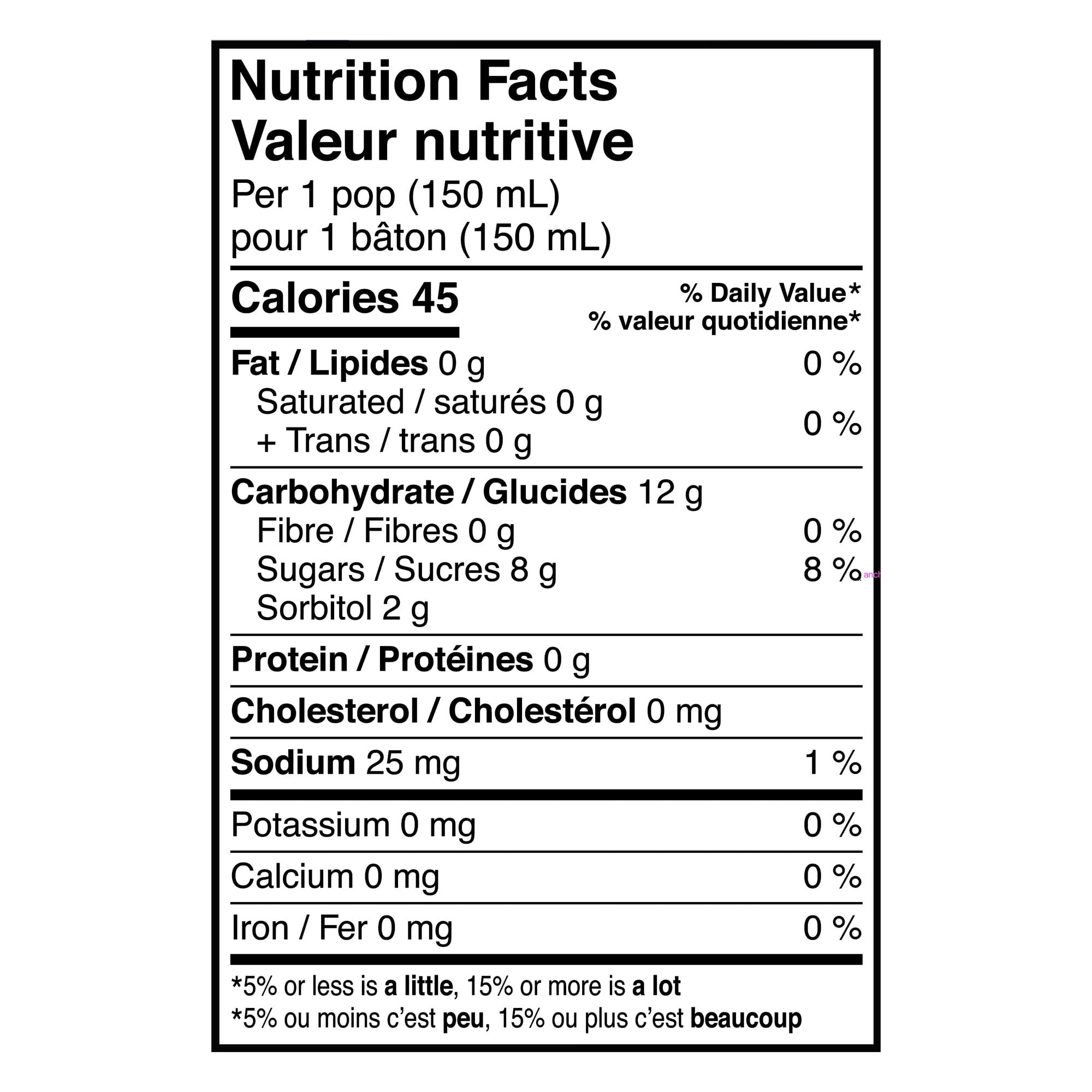 Mr. Freeze, Jumbo Lite Freezies, Ice Pops, 27x150ml, nutrition facts label.