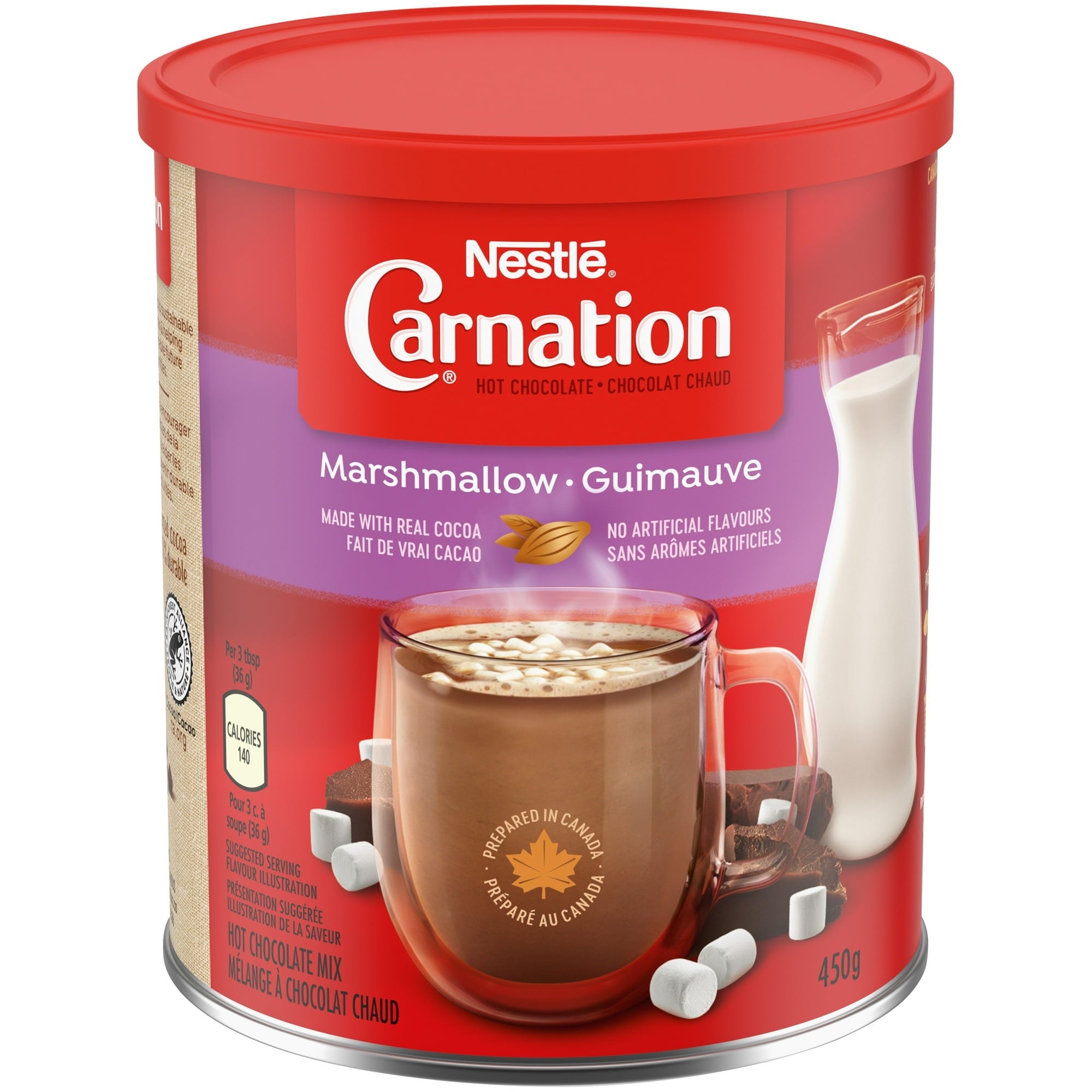Nestle Carnation marshmallow hot chocolate mix canister on a white background