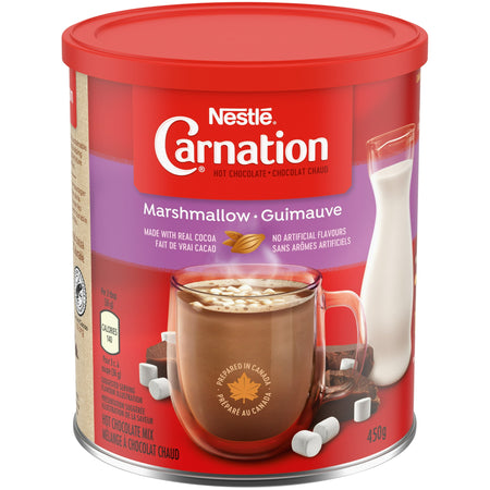Nestle Carnation marshmallow hot chocolate mix canister on a white background