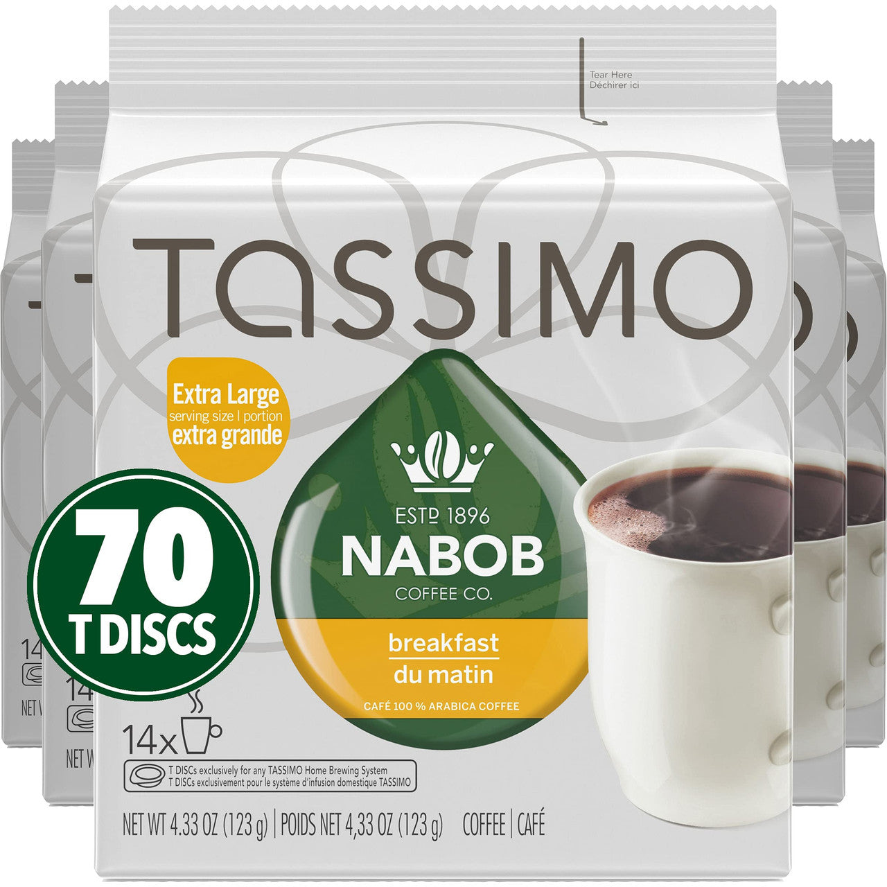Tassimo Nabob Breakfast Blend Coffee, 70 T-Discs (5 Boxes of 14 T-Discs) {Imported from Canada}