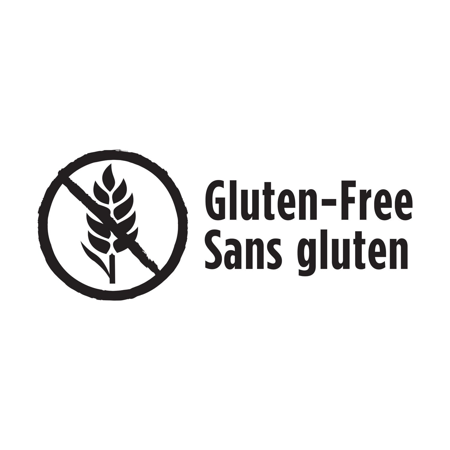 Gluten-free symbol with a wheat stalk and a diagonal line through it, accompanied by the text 'Gluten-Free Sans gluten' on a white background.