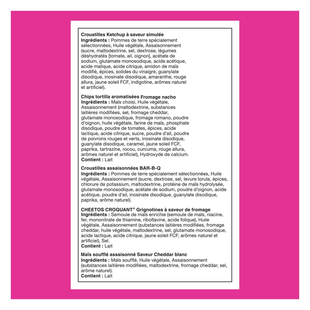 Frito-Lay Chips Variety Pack, Flavor Mix, Lays Ketchup, Doritos Original, Ruffles BBQ, Cheetos Crunchy, Smartfood White Cheddar (16ct x 28g), 448g, ingredients label in French.
