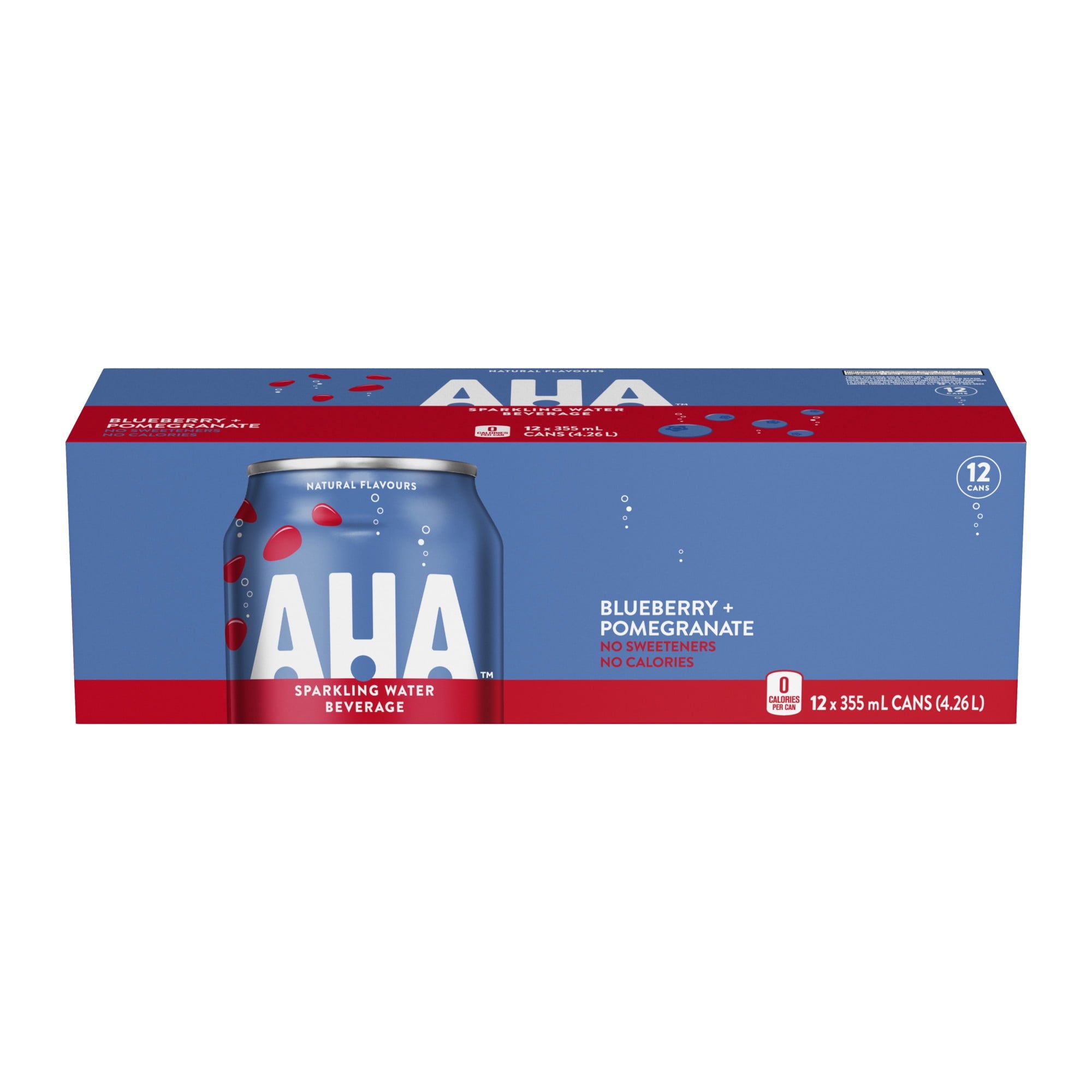 Box of AHA Blueberry Pomegranate sparkling water beverage on a white background