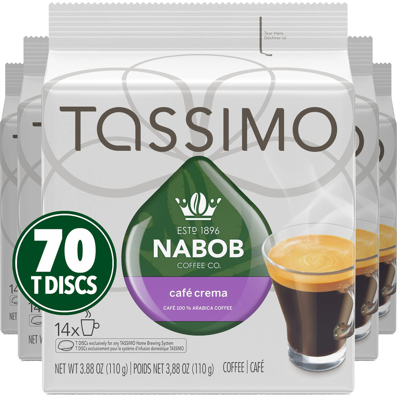 Tassimo Nabob Cafe Crema Coffee, 70 T-Discs (5 Boxes of 14 T-Discs) {Imported from Canada}