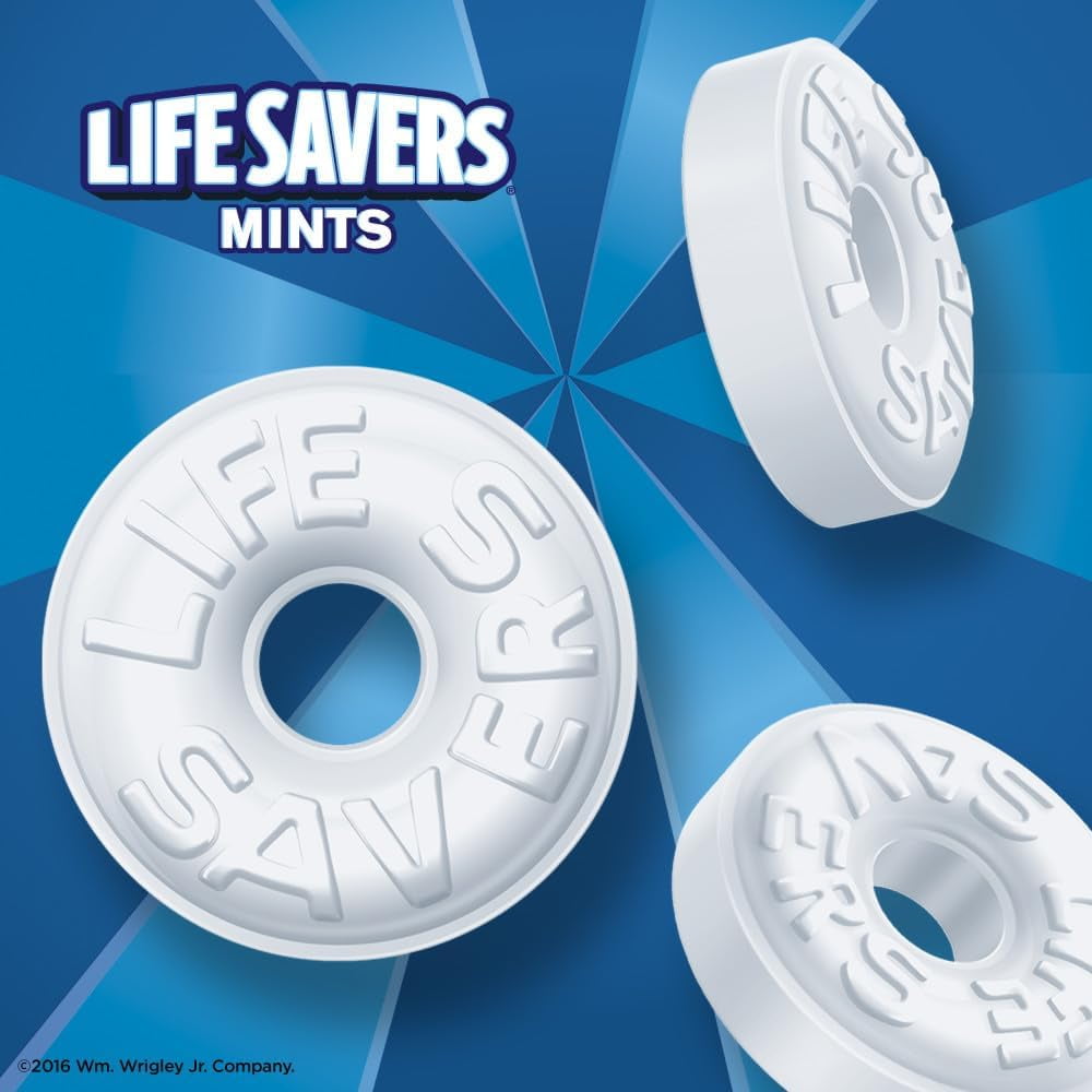 Life Savers mints on a blue background with the brand name displayed.