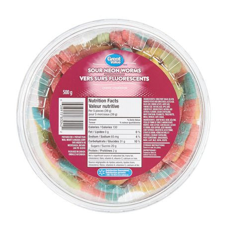 Great Value, Tub of Sour Neon Gummy Worms, 500g/1.1lbs, {Imported from Canada}