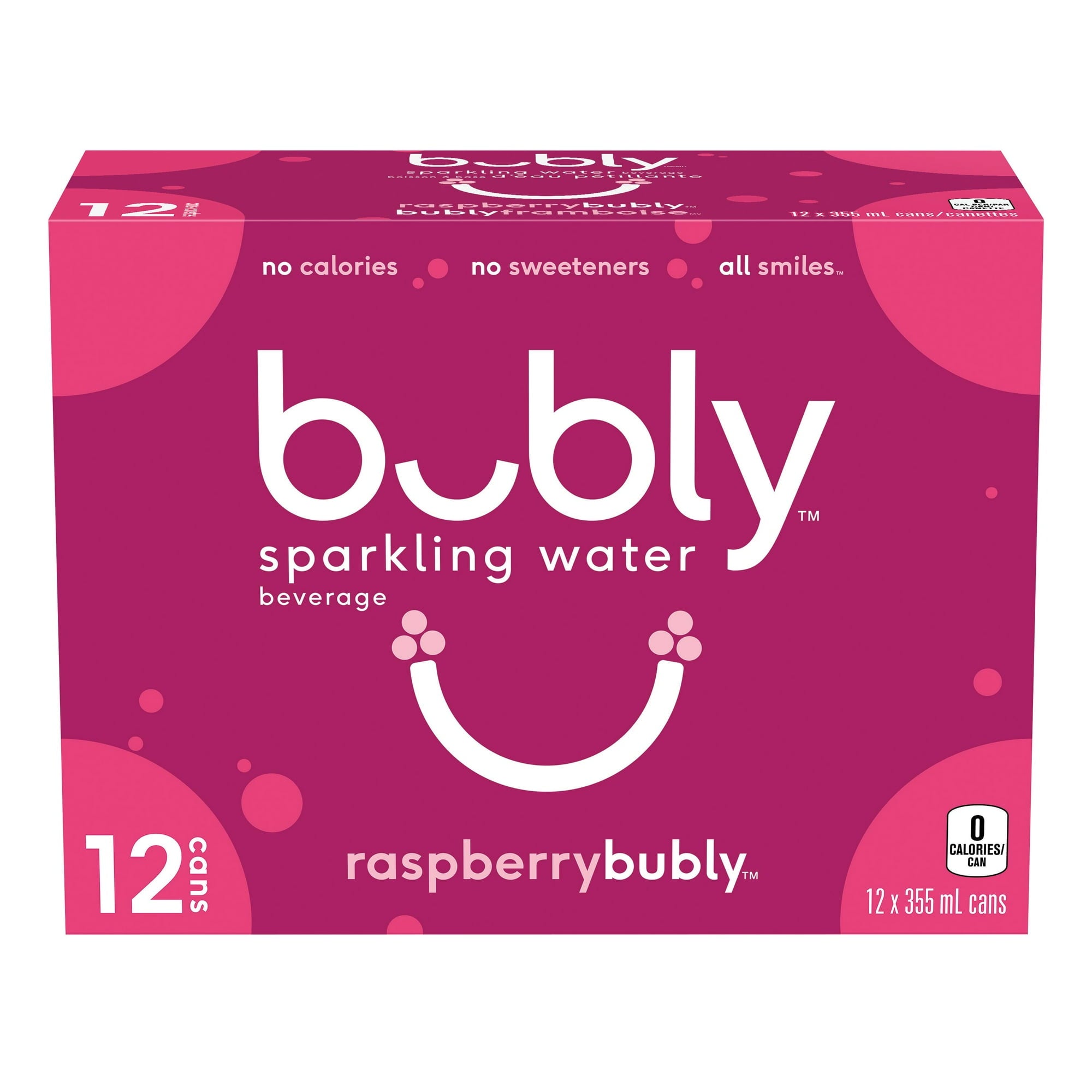 Front of Bubly Raspberry Sparkling Water Beverage, 12x355ml cans, 4.26L/144 oz