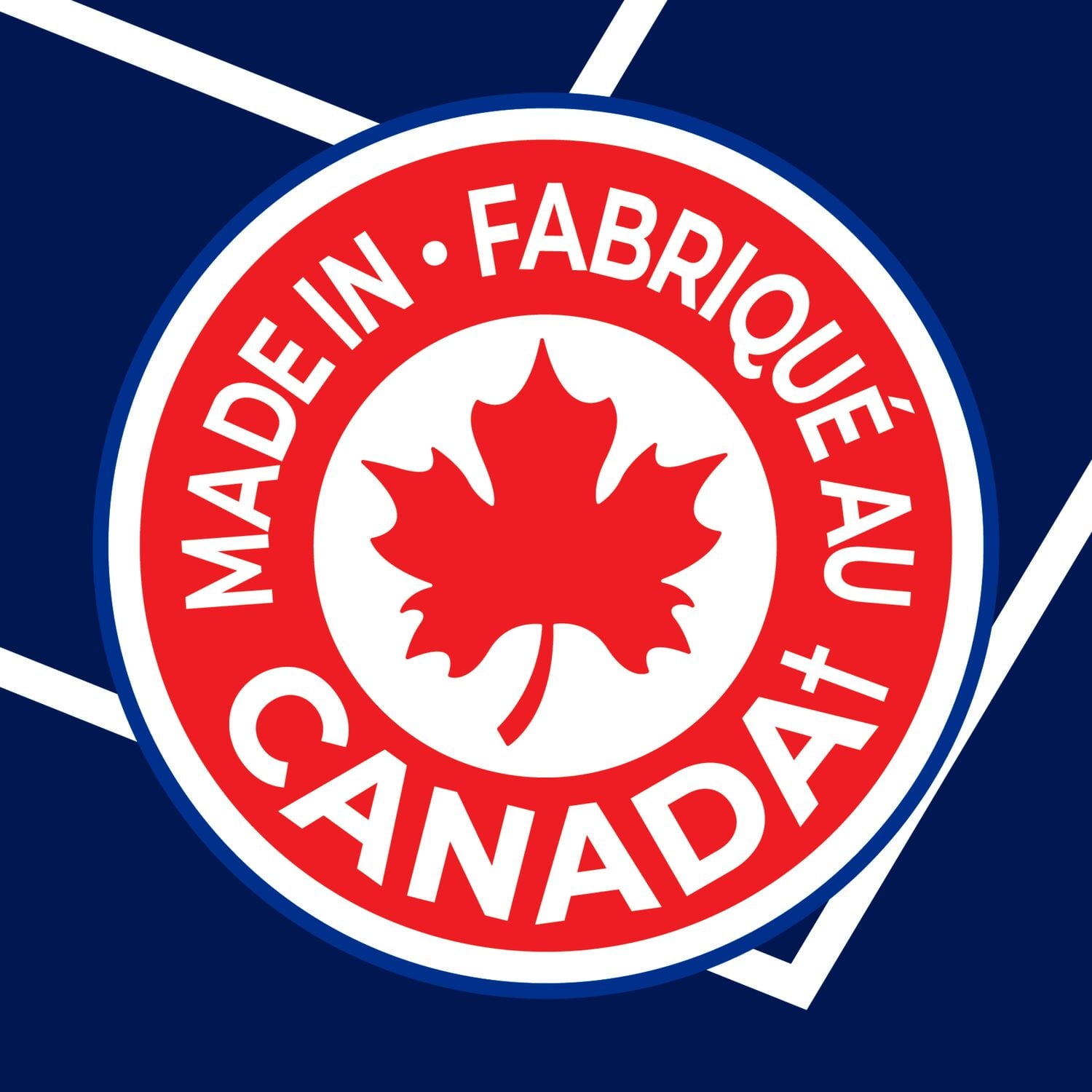 Made in Canada logo with red maple leaf and text on a blue background