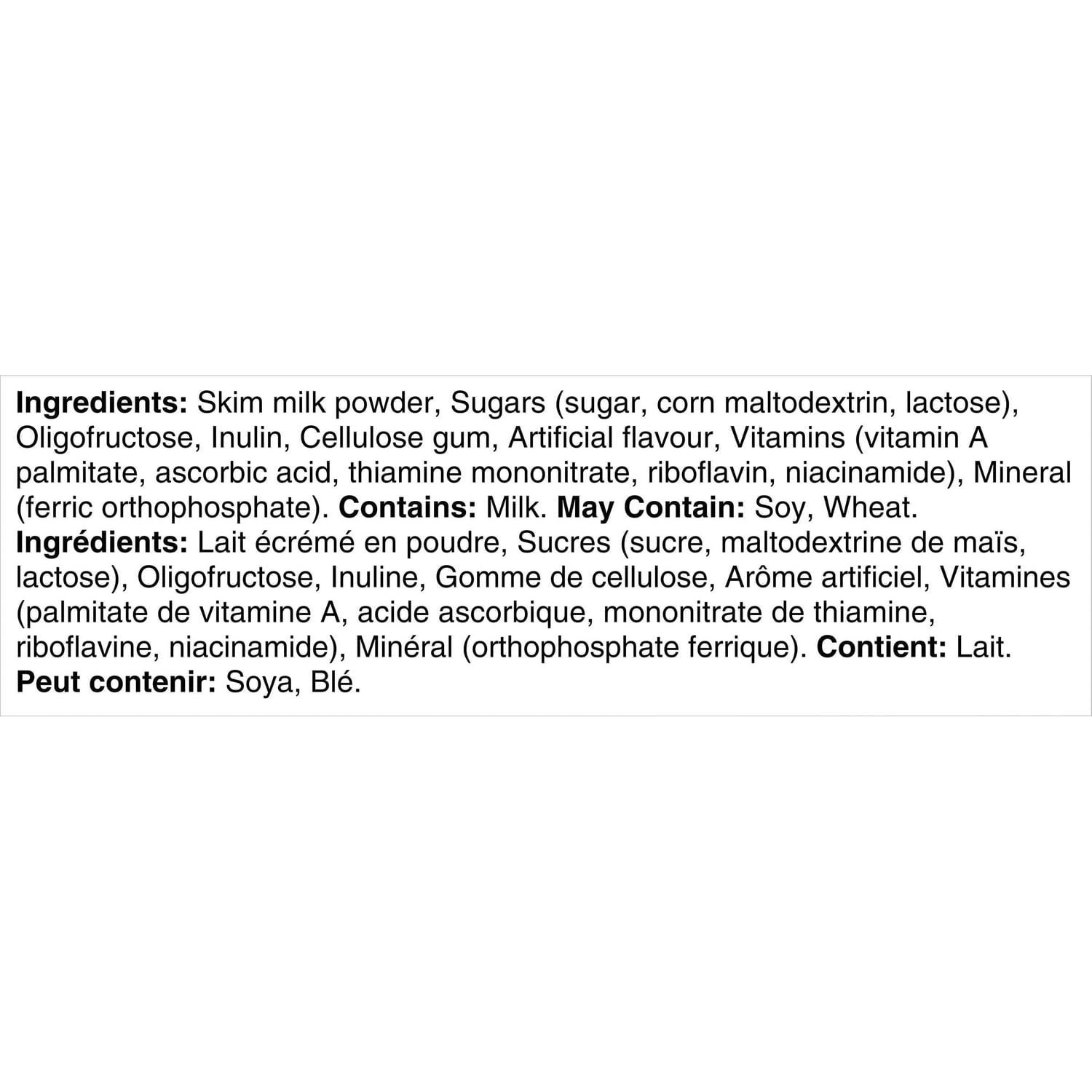 List of ingredients and allergen information for Boost Nutritional Powder Instant Vanilla Breakfast Drink Mix white background