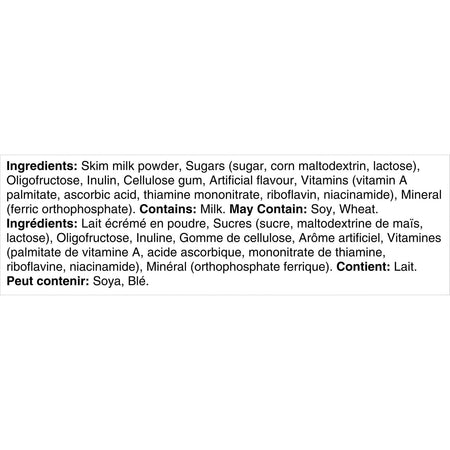 List of ingredients and allergen information for Boost Nutritional Powder Instant Vanilla Breakfast Drink Mix white background