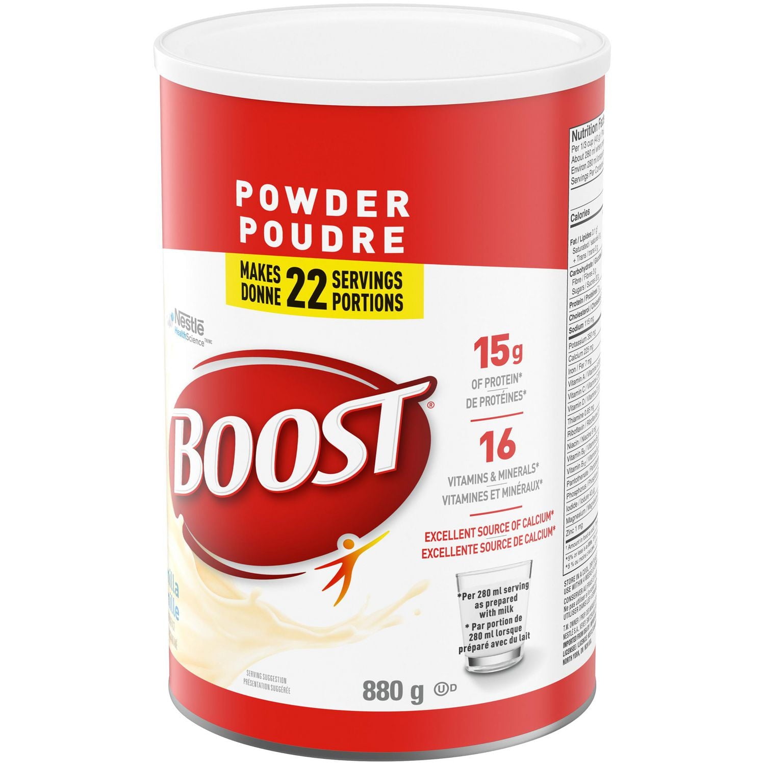 Boost powder supplement vanilla flavor can with red and white label on a white background