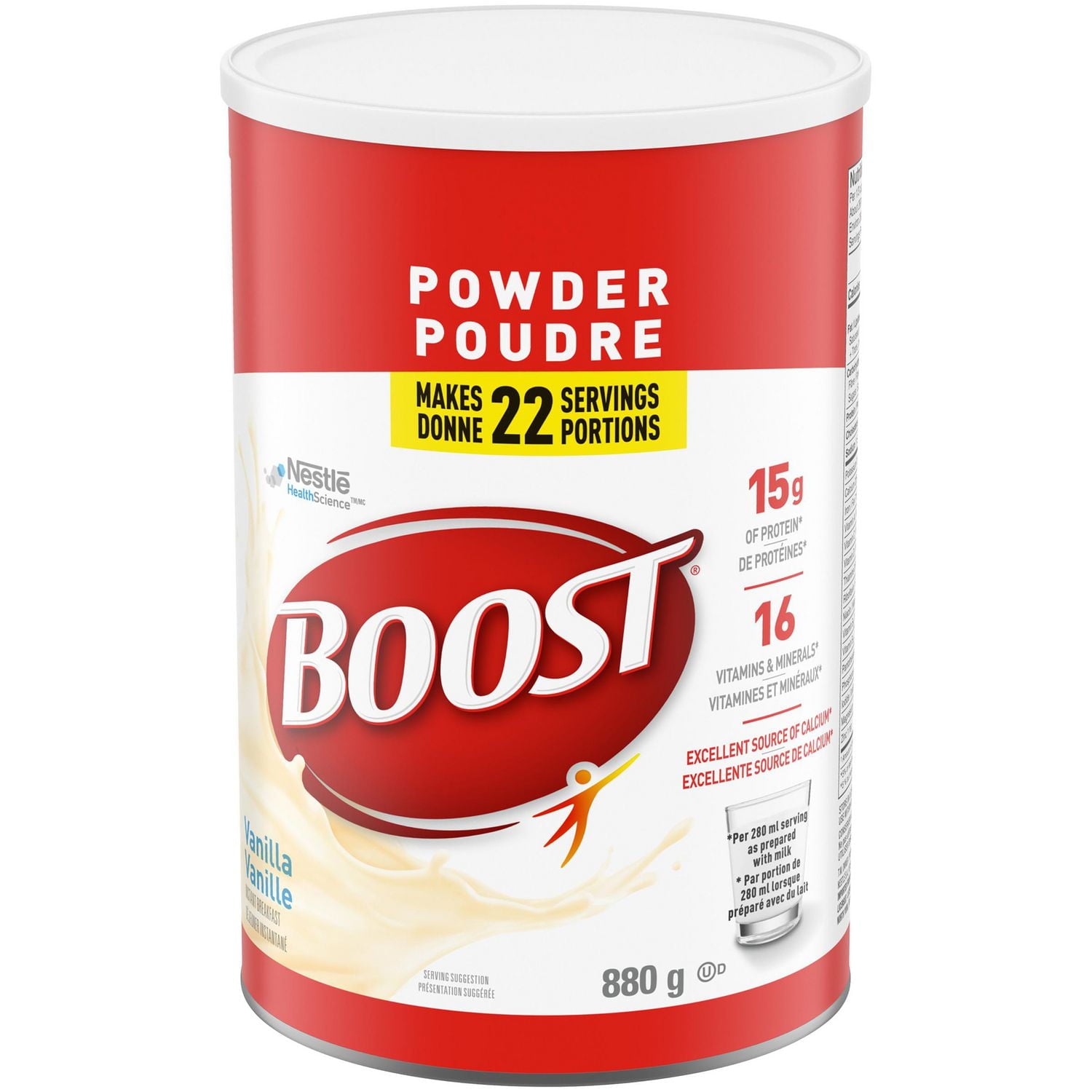 Boost powder supplement canister vanilla flavor with red and white label on a white background
