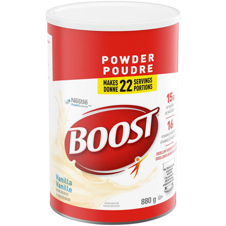 Boost powder drink mix vanilla flavor container with red and white label