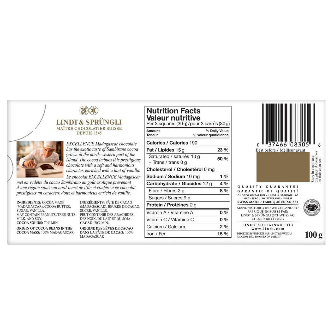 Lindt Chocolate Excellence Madagascar 70% Cacao 100g/3.5oz. {Imported from Canada}