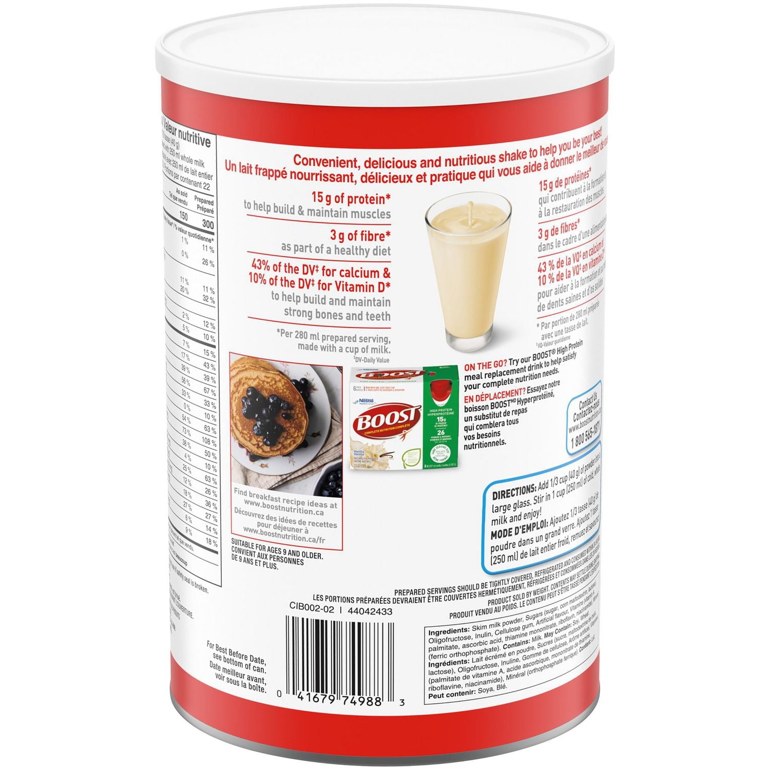 Back label of a Boost Nutritional Powder Instant Vanilla Breakfast Drink Mix container with nutritional information and images of a glass and a muffin.