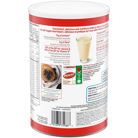 Back label of a Boost Nutritional Powder Instant Vanilla Breakfast Drink Mix container with nutritional information and images of a glass and a muffin.