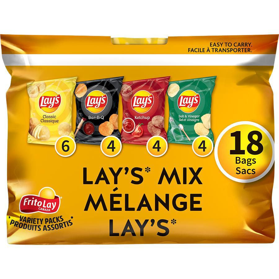 Frito-Lay Chips Variety Pack, Lay's Mix, Classic, BBQ, Ketchup, Salt & Vinegar Flavors (18ct x 28g/1 oz.) (Imported from Canada)