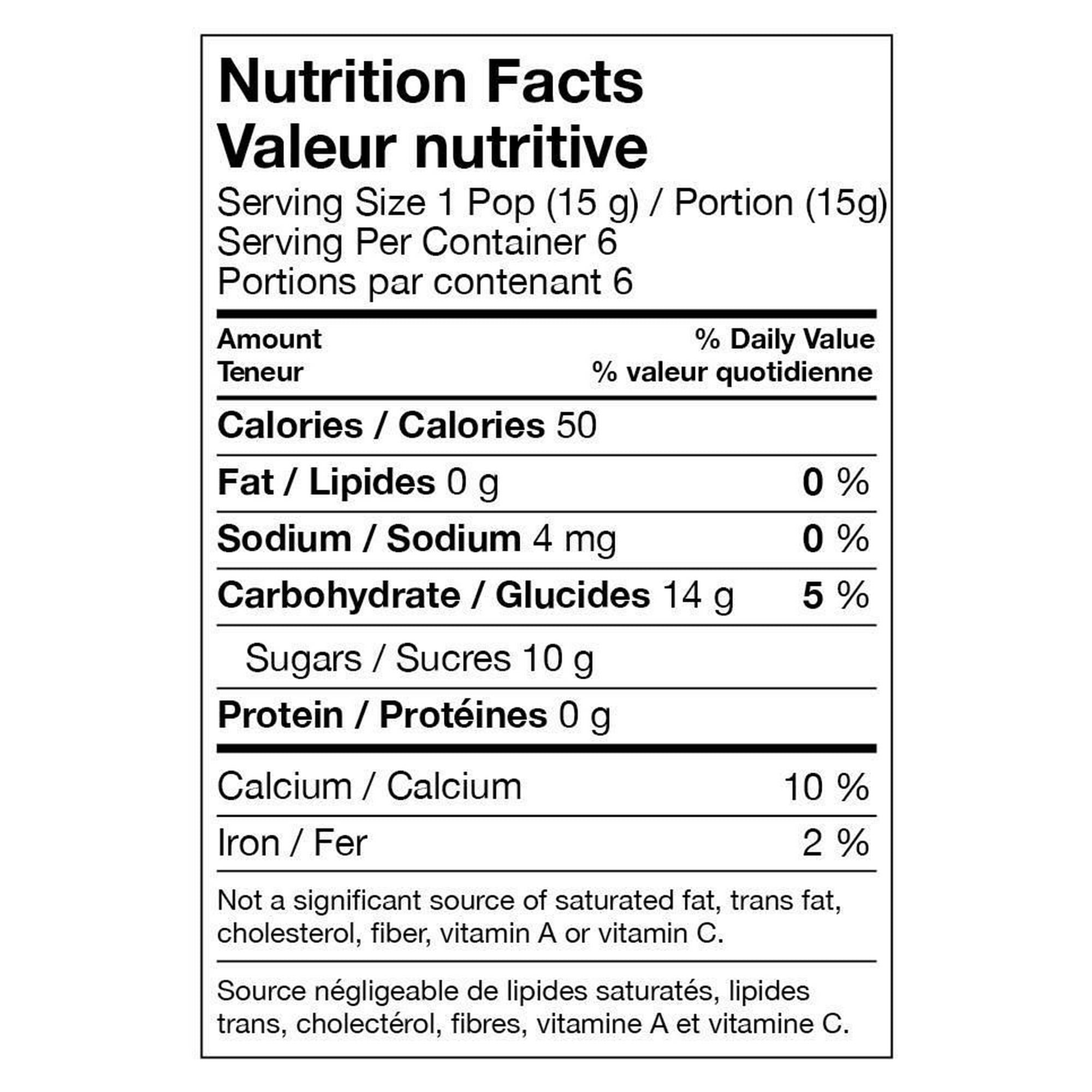 Nutrition facts label of Side of Dubble Bubble Original Flavor Zone Lollypops, 93g/3.5 oz.