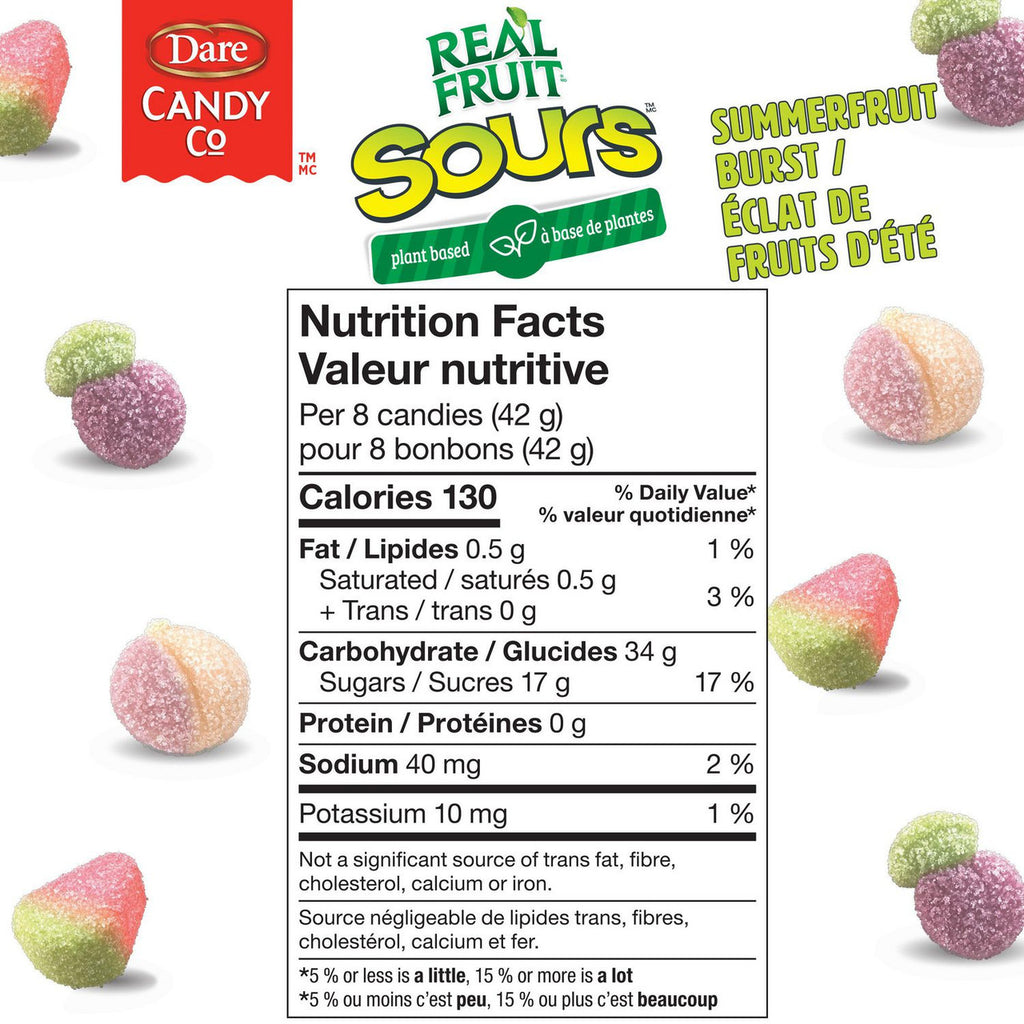 Dare RealFruit Sours Gummies Summerfruit Burst Flavor, 180g/6.3 oz., Bag, {Imported from Canada}