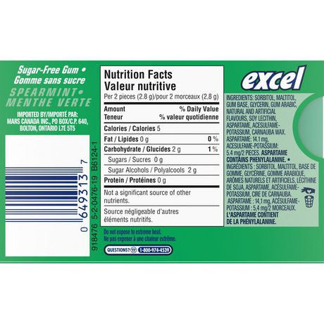 Excel Sugar Free Gum Spearmint, 3-Pack, 18 pieces each {Imported from Canada}