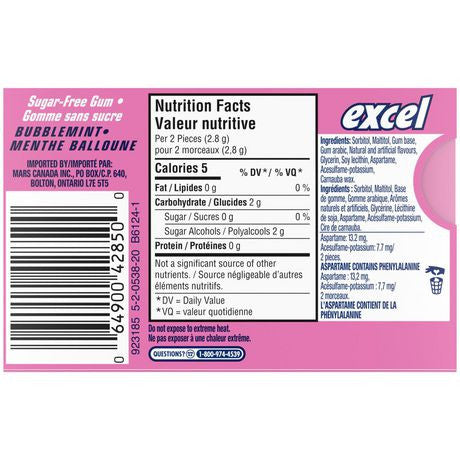 Excel Sugar-Free Gum, Bubblemint, 3 packets of 18 pieces, (Imported from Canada)