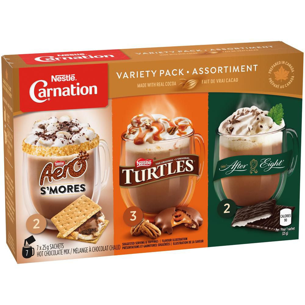 Carnation Hot Chocolate, Variety Pack, Aero, Turtles, After Eight (7ct x 25g) sachets, {Imported from Canada}