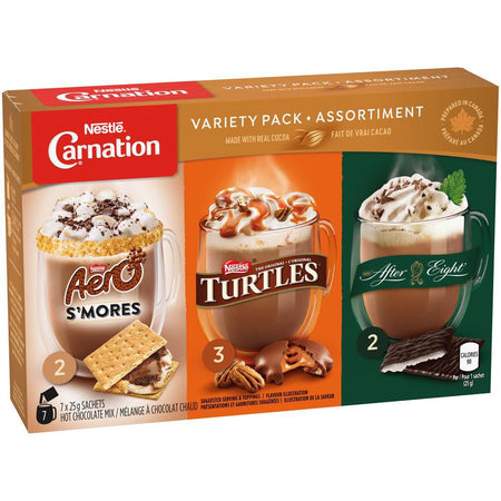 Carnation Hot Chocolate, Variety Pack, Aero, Turtles, After Eight (7ct x 25g) sachets, {Imported from Canada}