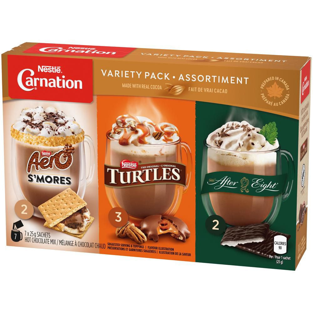 Carnation Hot Chocolate, Variety Pack, Aero, Turtles, After Eight (7ct x 25g) sachets, {Imported from Canada}