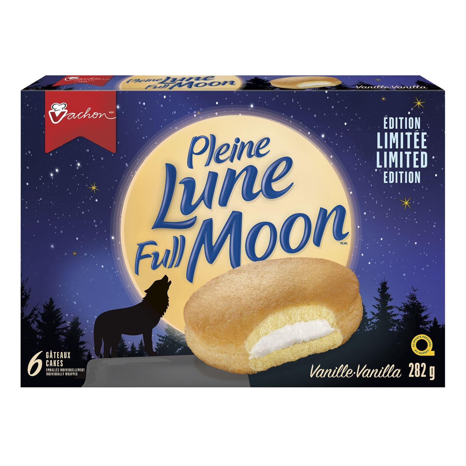 VACHON Full Moon, Fluffy Vanilla Cakes, 6 cakes, 282g/9.9oz., front of box.