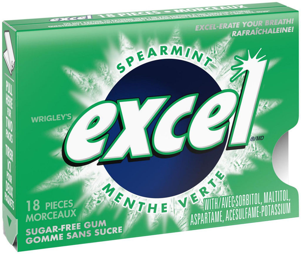 Excel Sugar Free Gum Spearmint, 3-Pack, 18 pieces each {Imported from Canada}