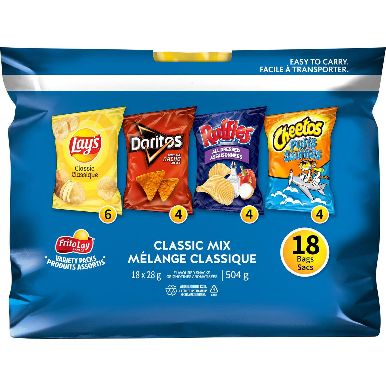 Frito-Lay Classic Variety Pack, Lays, Ruffles, Doritos, Cheetos Chips (18ct x 28g/1 oz.) (Imported from Canada)