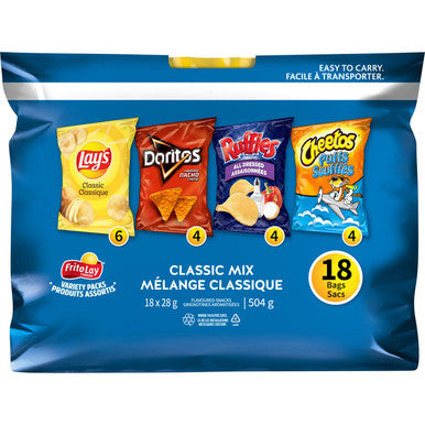 Frito-Lay Classic Variety Pack, Lays, Ruffles, Doritos, Cheetos Chips (18ct x 28g/1 oz.) (Imported from Canada)