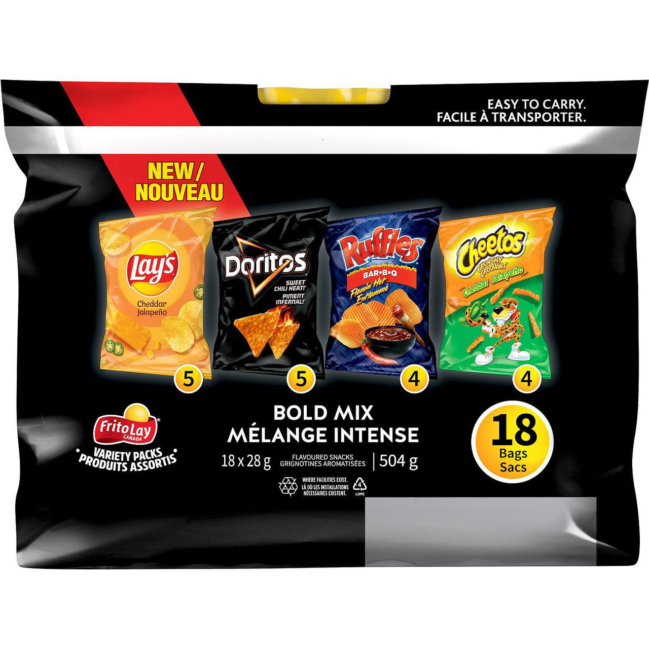 Frito-Lay Chips Variety Pack, Bold Mix, Cheddar Jalapeno, Sweet Chili Heat, and Flamin' Hot BBQ Chips, and Cheddar Jalapeno Cheetos  (18ct x 28g/1 oz.) (Imported from Canada)