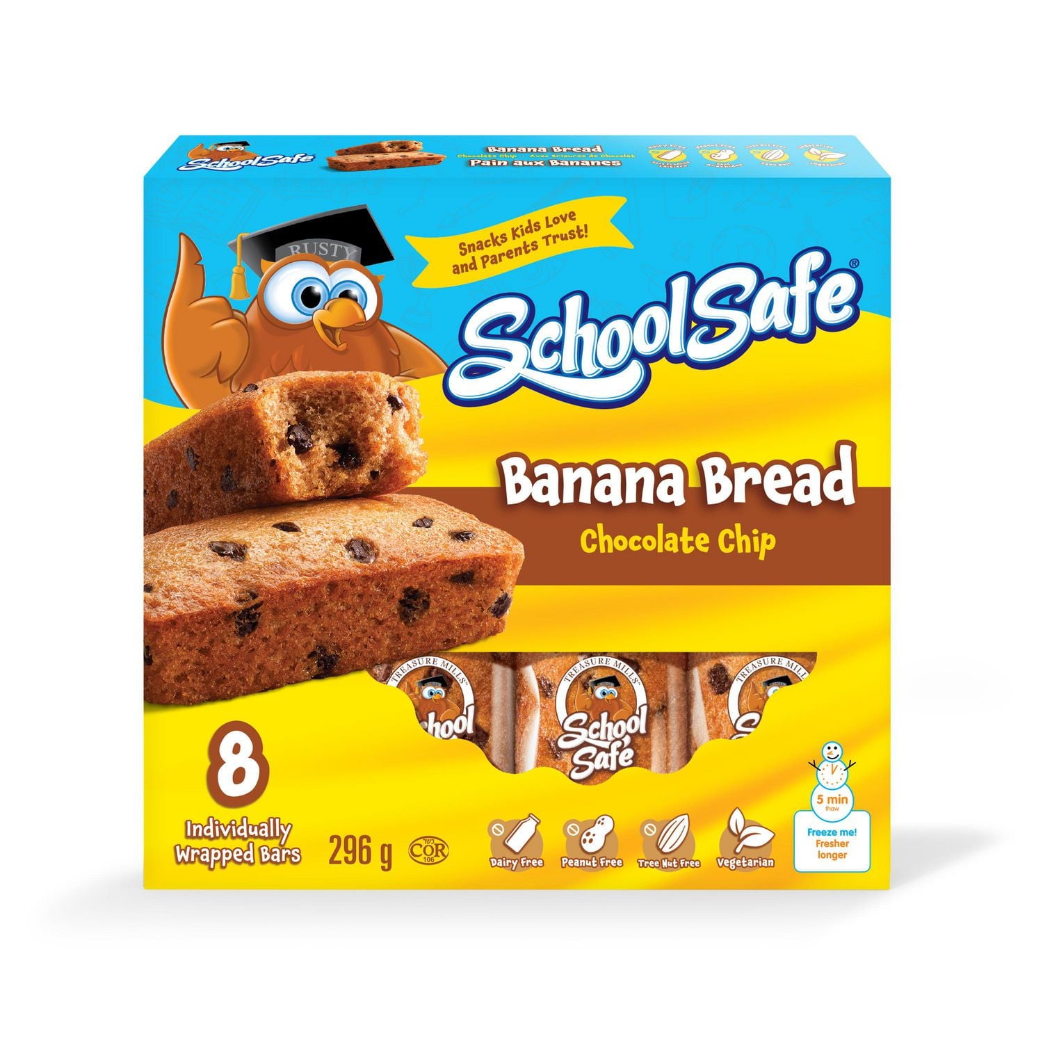 School Safe Chocolate Chip Banana Bread Bars, 8ct., 296g/10.4 oz., front of box.