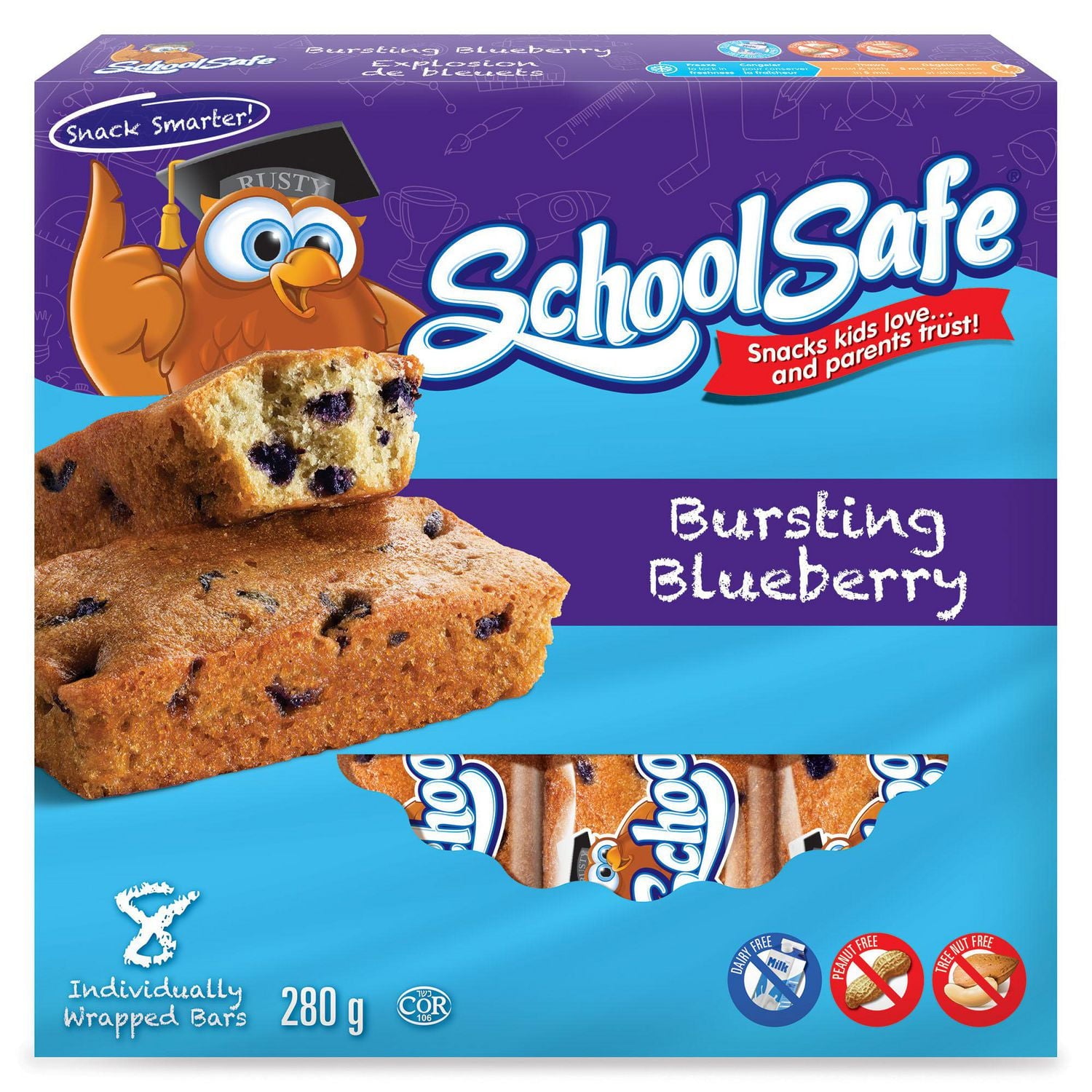 School Safe Bursting Blueberry Muffin Bars, 8ct., 280g/9.9 oz., Box, front of box