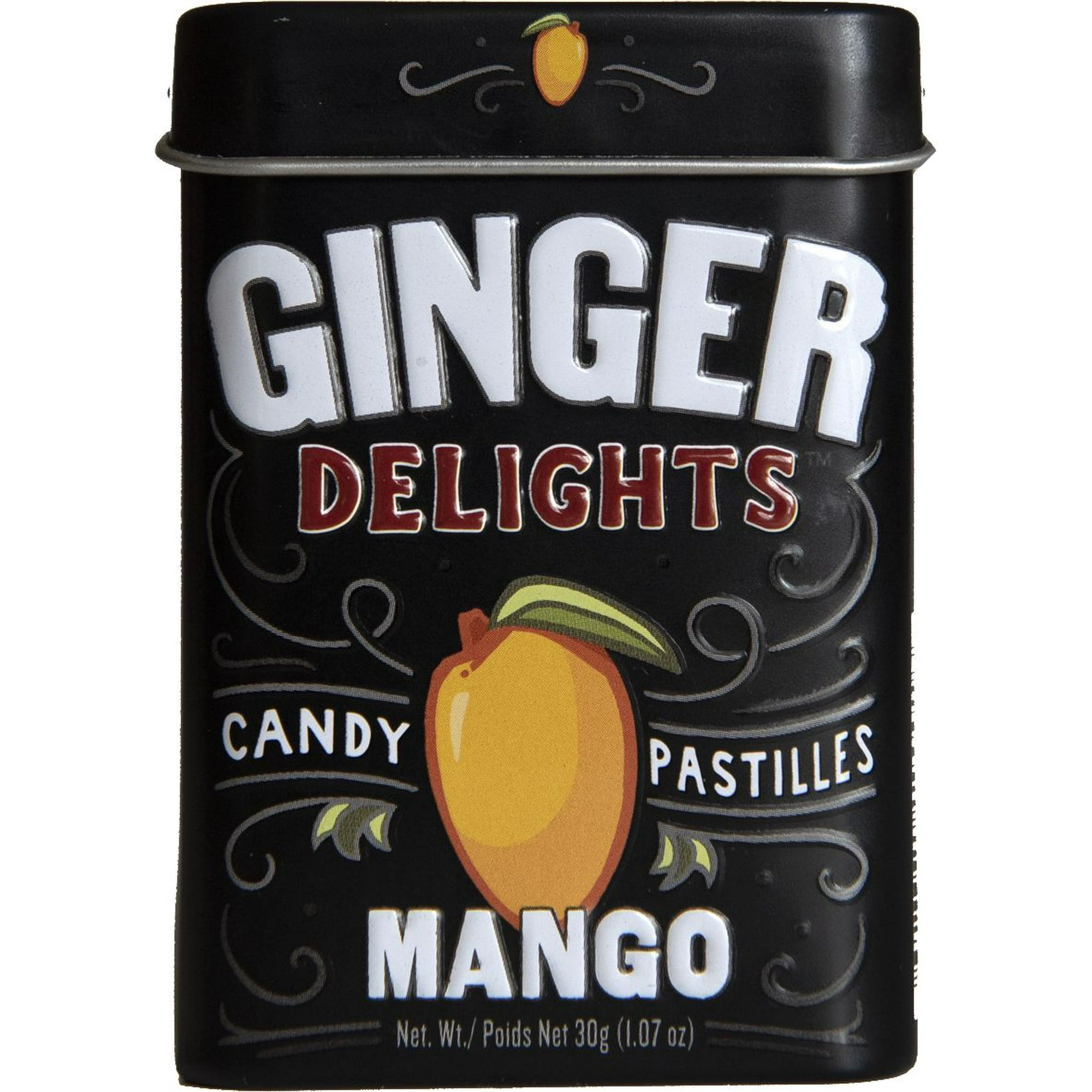 Ginger Delights Candy Pastilles, Mango Flavor, 30g/1.07 oz. Tin, front of tin.