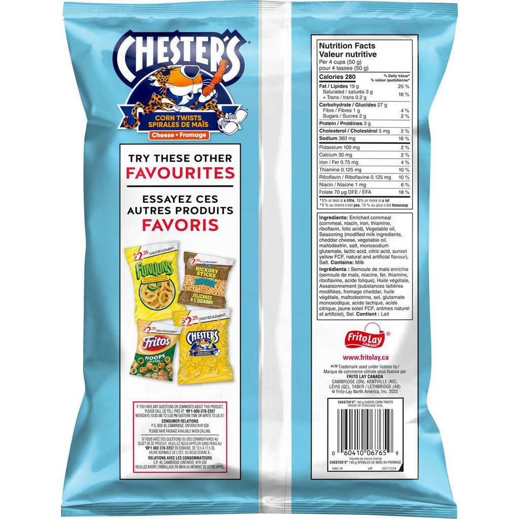 Chester's Corn Twists Cheese Flavored Snack, 140g/4.9 oz. Bag {Imported from Canada}