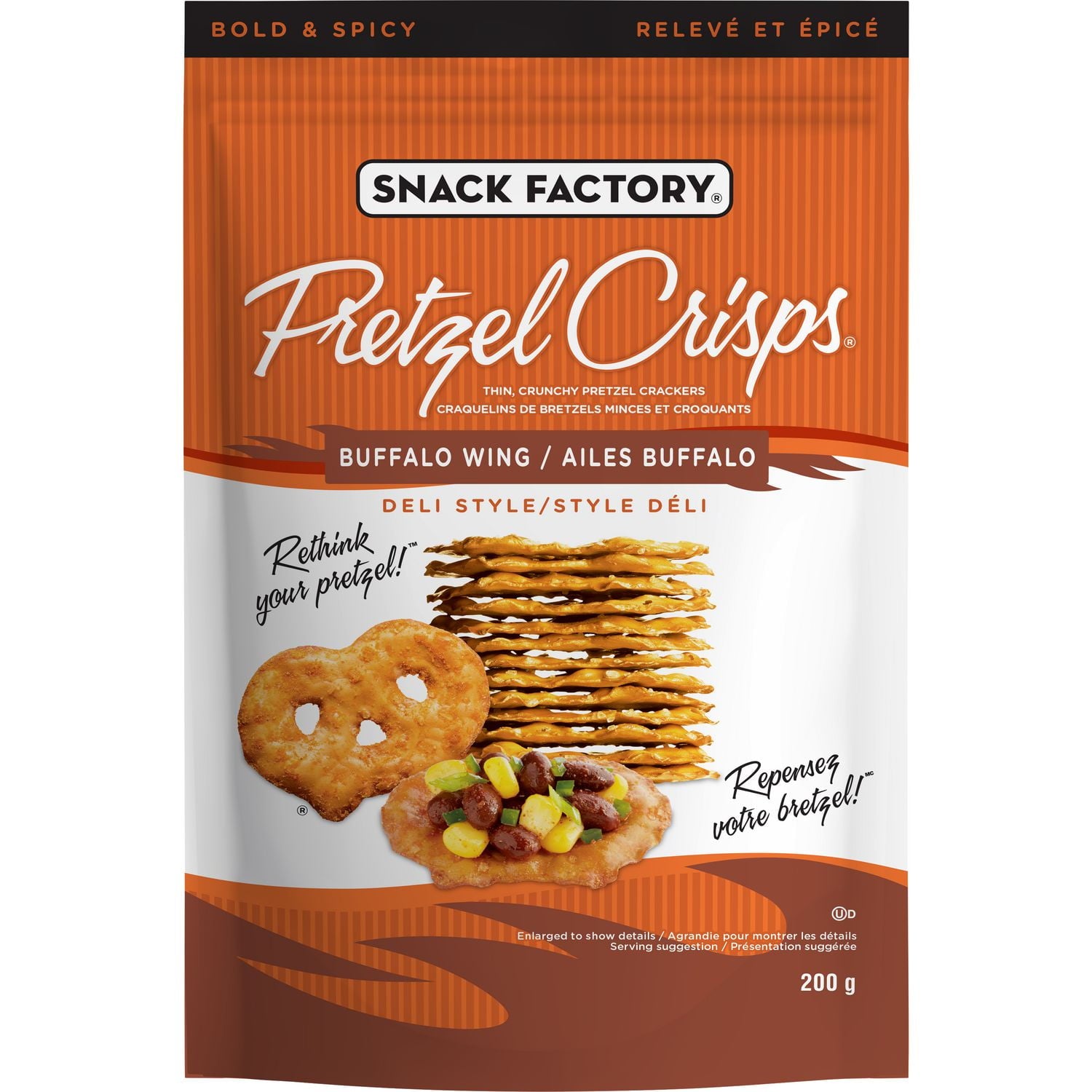 Snack Factory Buffalo Wing Pretzel Crisps, 200g/7 oz., Bag, front of bag