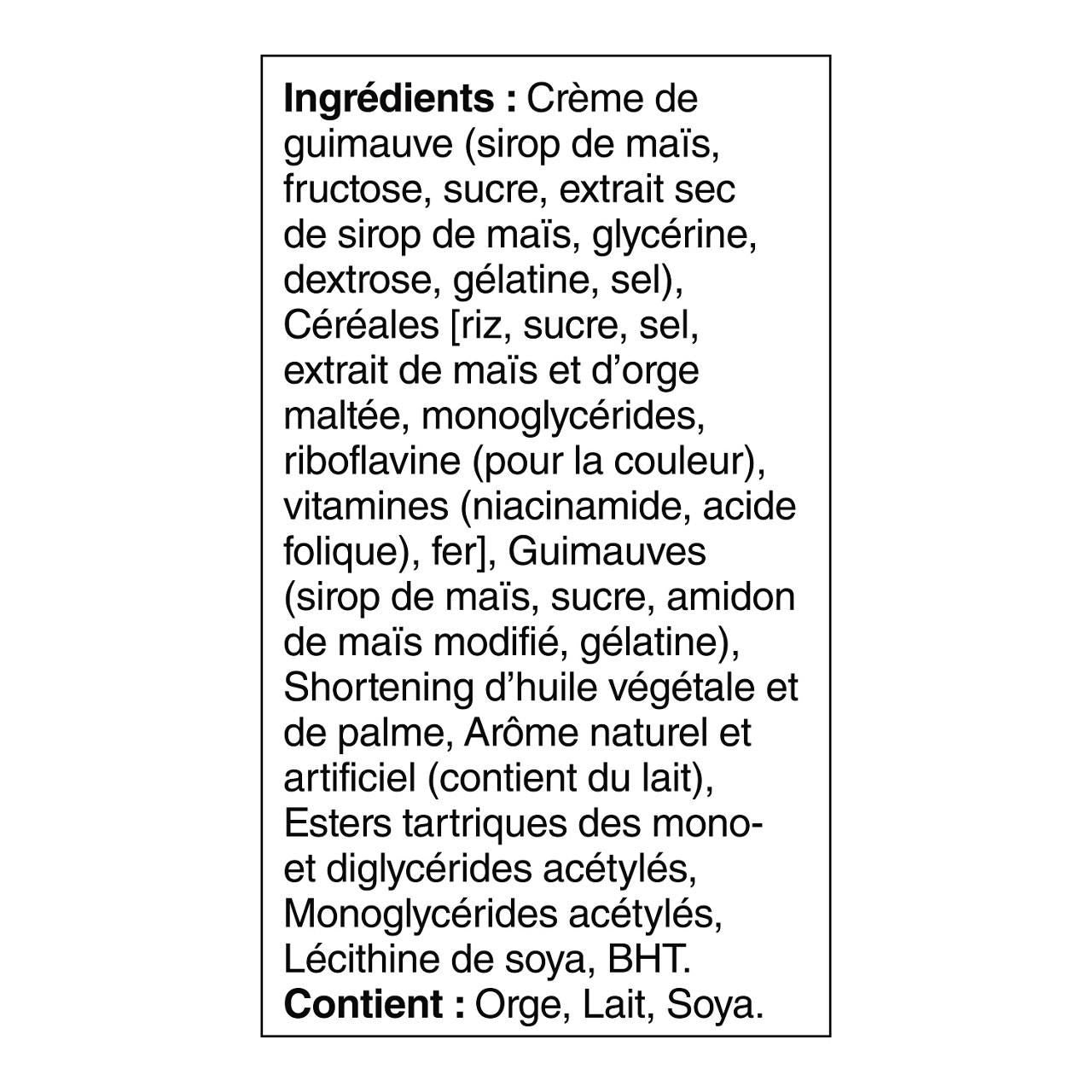 Ingredients label in French for Kellogg's Original Rice Krispies Bars 176g/6.2 oz on a white background