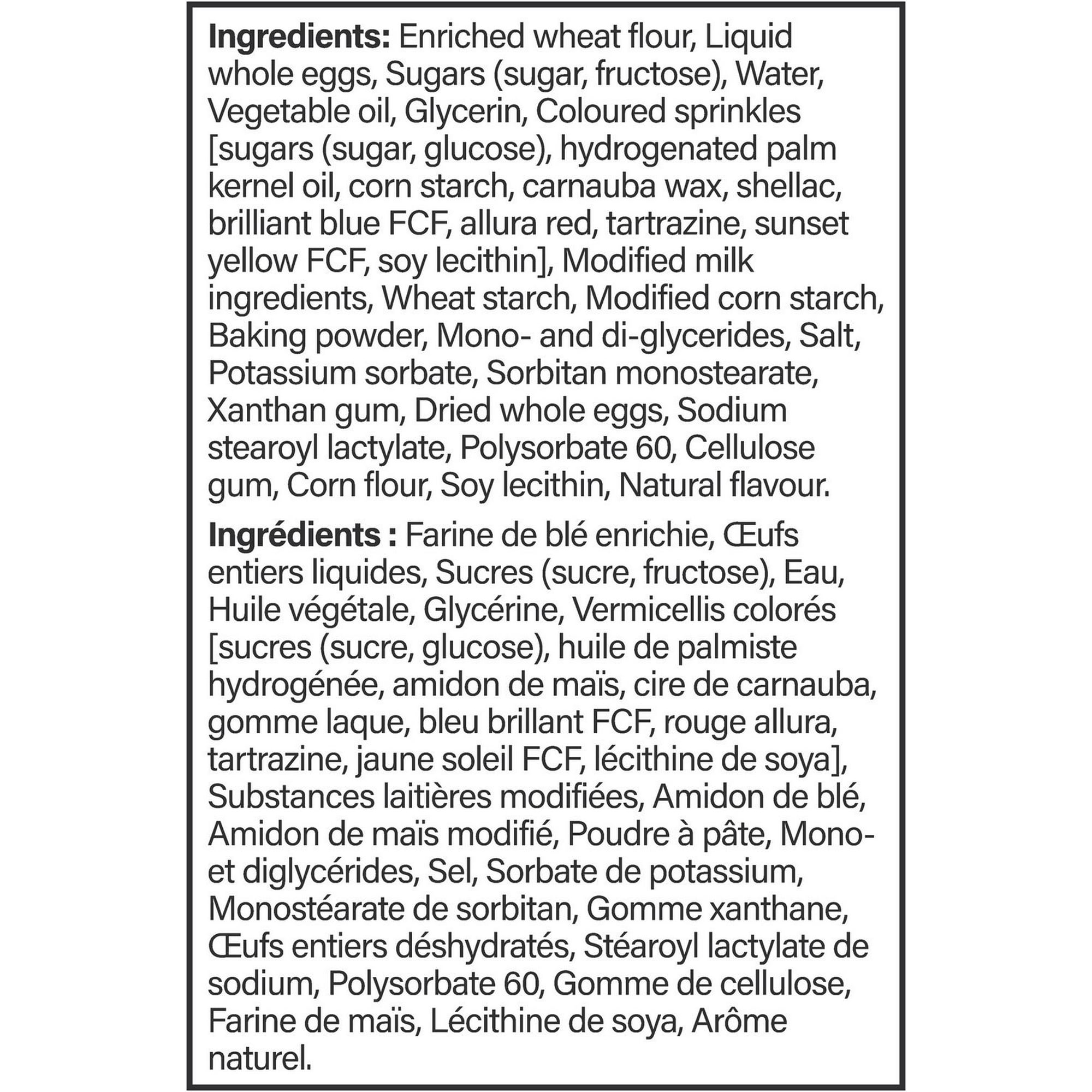 Sara Lee Little Bites Party Cake Muffins, 5 pouches, 234g/8.2 oz. Box, ingredients label