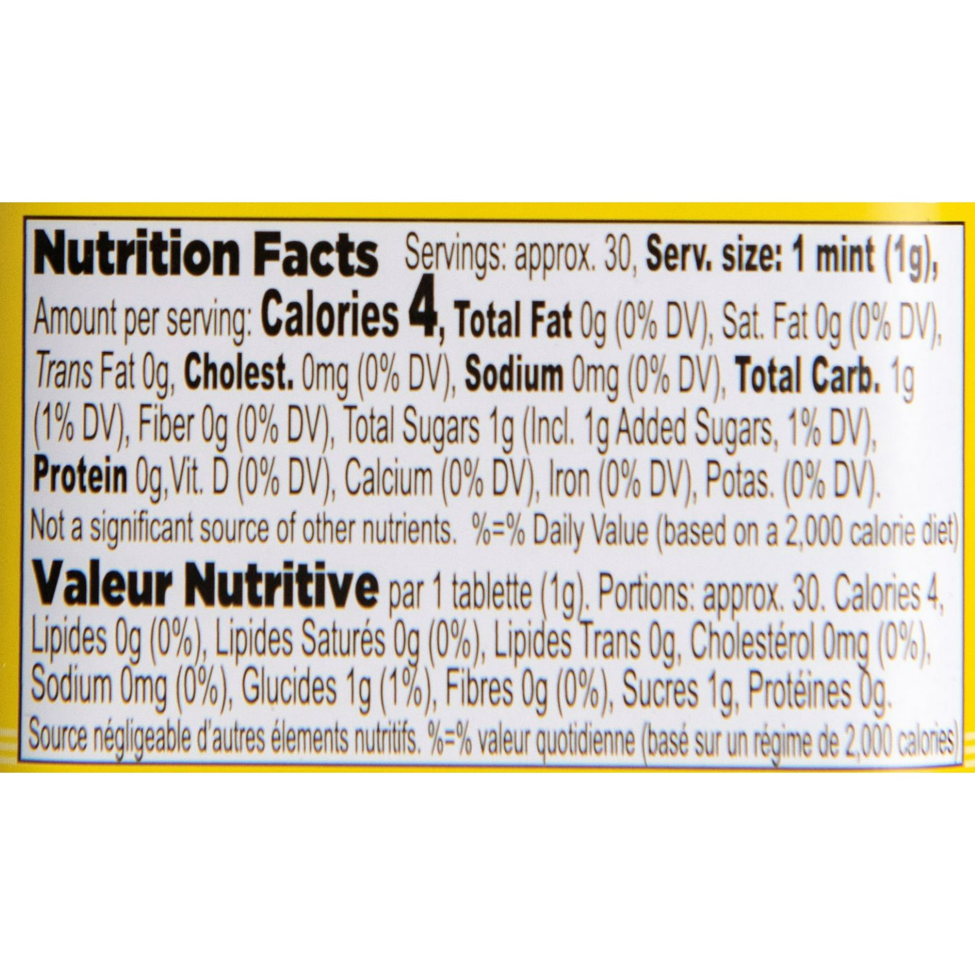 Citrus Delights Candy Pastilles, Mayer Lemon Flavor, 30g/1.07 oz. Tin, nutrition facts label.