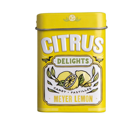 Citrus Delights Candy Pastilles, Mayer Lemon Flavor, 30g/1.07 oz. Tin, front of tin.