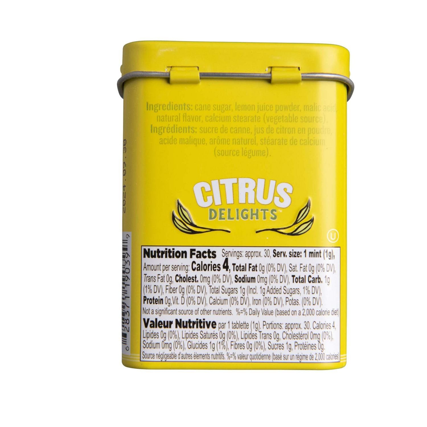 Citrus Delights Candy Pastilles, Mayer Lemon Flavor, 30g/1.07 oz. Tin, back of tin.